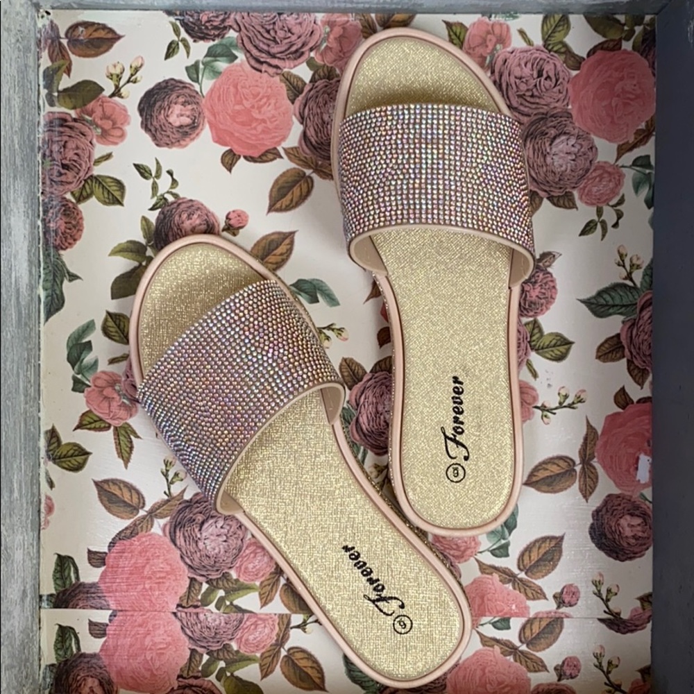 Womens Glitter Bling Fancy Slide Flat Rose Gold
